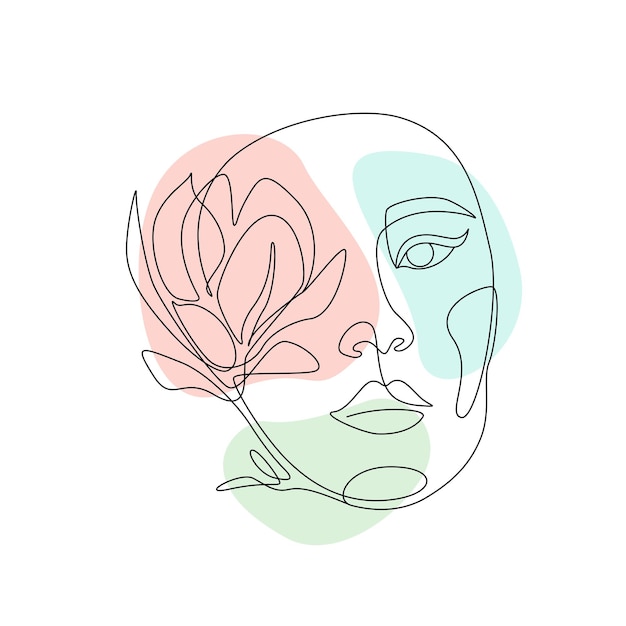 Abstract woman face with magnolia flower in one continuous line drawing Beautiful female portrait in simple linear style Vector illustration with colours freeform for logo and wall art