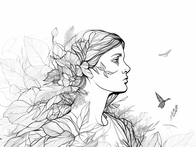 Abstract woman portrait with line drawing flowers and plants