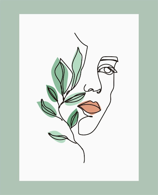 Abstract woman poster Girl with different plant line drawing Line face illustration woman with f