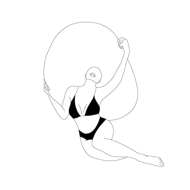 麦わら帽子の抽象的な女性現代の線形女性像黒ビキニのエレガントな女の子ミニマルなスタイルのベクトル アウトライン イラスト ロゴ プリント カード ポスターのデザイン