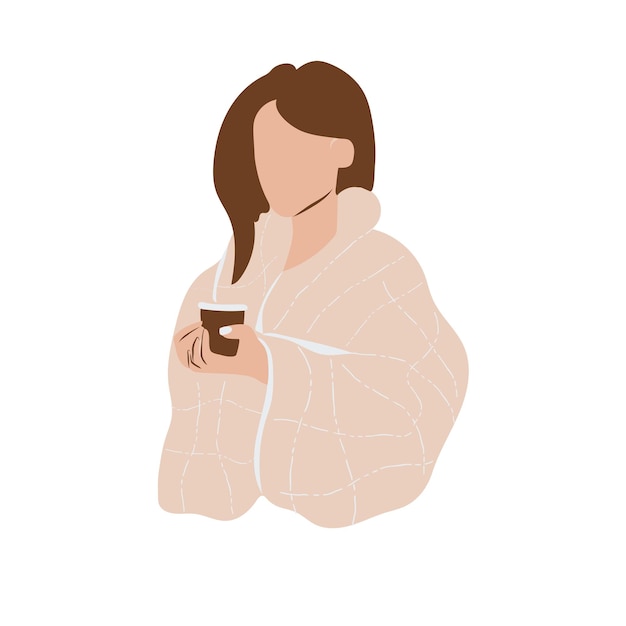 温かい飲み物のベクトル図と毛布に包まれた抽象的な女性