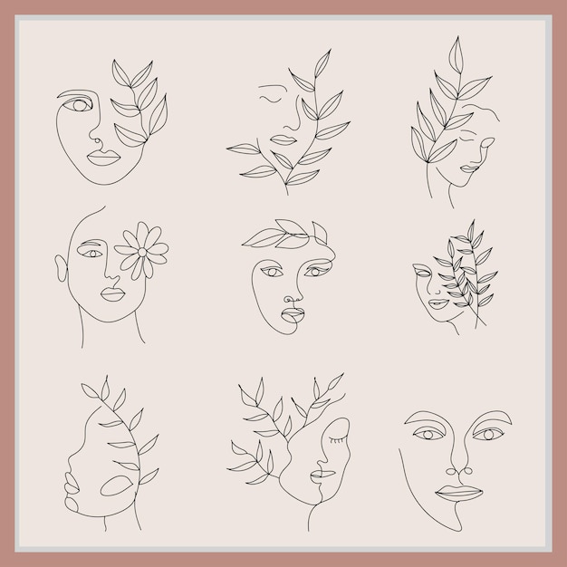 Abstract women face line art design with beautiful flower