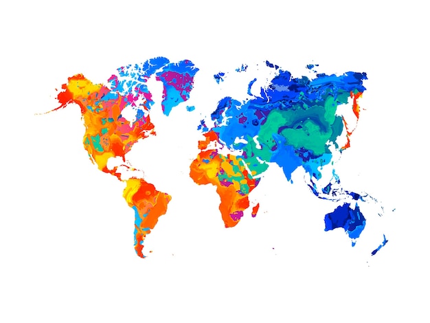 ベクトル 水彩画のスプラッシュから抽象的な世界地図。塗料のイラスト