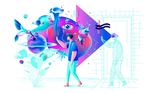 Vector abstract xtreme colorful illustration. vr technology man  gamer cyberpower virtual reality glasses