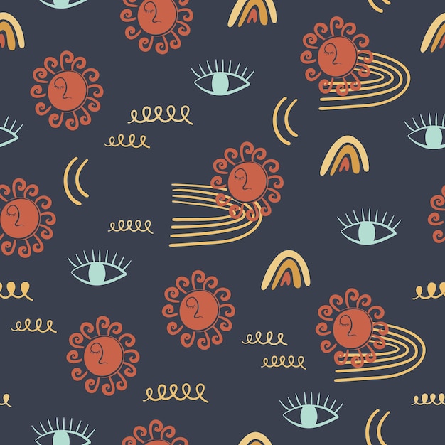 Abstract y2k achtergrond Naadloos patroon met de Sun eye regenboog doodle texturen
