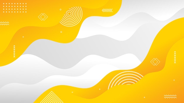 Abstract yellow liquid colors background design With memphis and geometric shape elements