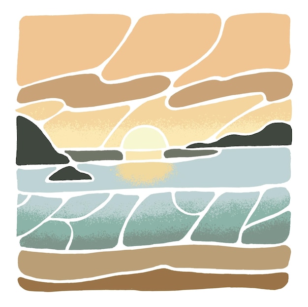 Abstract zeelandschap in minimale stijl Zeelandschap met zonsondergang aan de horizon Zeekant zicht golf op water zandstrand Zomer natuur van de kust Moderne boho kunst Handtekening vlakke vector illustratie