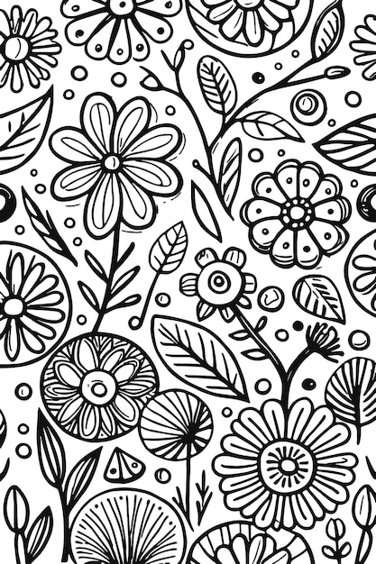 Vector abstract zwart-wit monochromatische handgetekende bloemen textuur patroon doodle vectorillustratie