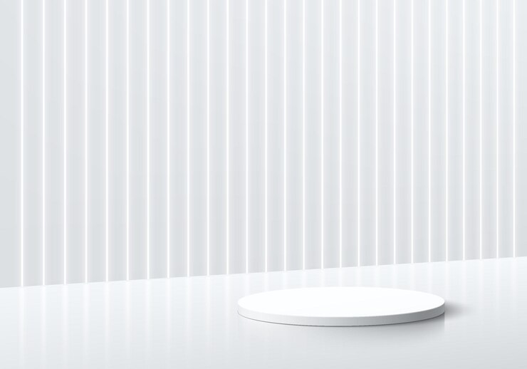 Vector abstracte 3d-achtergrond met een witte cilinder, een productstand, een podium en een verticale neonlichtmuurscene