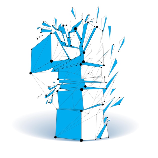 Abstracte 3d gefacetteerde blauwe nummer 1 met verbonden zwarte lijnen en punten. Vector laag poly verbrijzeld ontwerpelement met fragmenten en deeltjes. Explosie-effect.