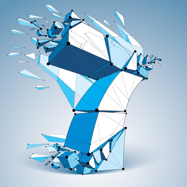 Abstracte 3d gefacetteerde blauwe nummer 7 met verbonden zwarte lijnen en punten. Vector laag poly verbrijzeld ontwerpelement met fragmenten en deeltjes. Explosie-effect, draad.