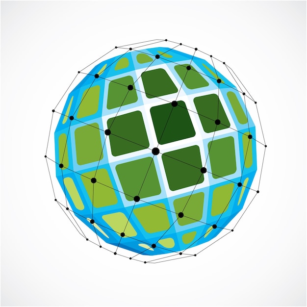 Abstracte 3d gefacetteerde figuur met verbonden zwarte lijnen en punten. Vector laag poly groen ontwerpelement gemaakt met vierkanten. Cybernetische bolvorm met raster en lijnengaas.