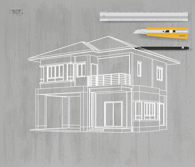 Vector abstracte 3d-perspectief draadframe van huis op grijze betonnen textuur achtergrond. vector illustratie.