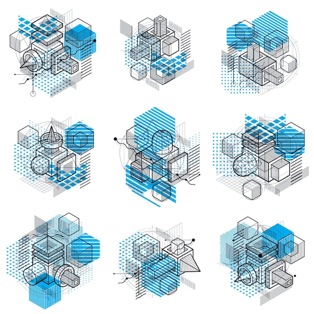 Abstracte 3D-vormen composities, vector isometrische achtergronden. Composities van kubussen, zeshoeken, vierkanten, rechthoeken en verschillende abstracte elementen. Vector collectie.