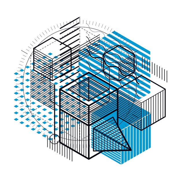 Vector abstracte 3d vormen samenstelling, vector isometrische achtergrond. samenstelling van kubussen, zeshoeken, vierkanten, rechthoeken en verschillende abstracte elementen.