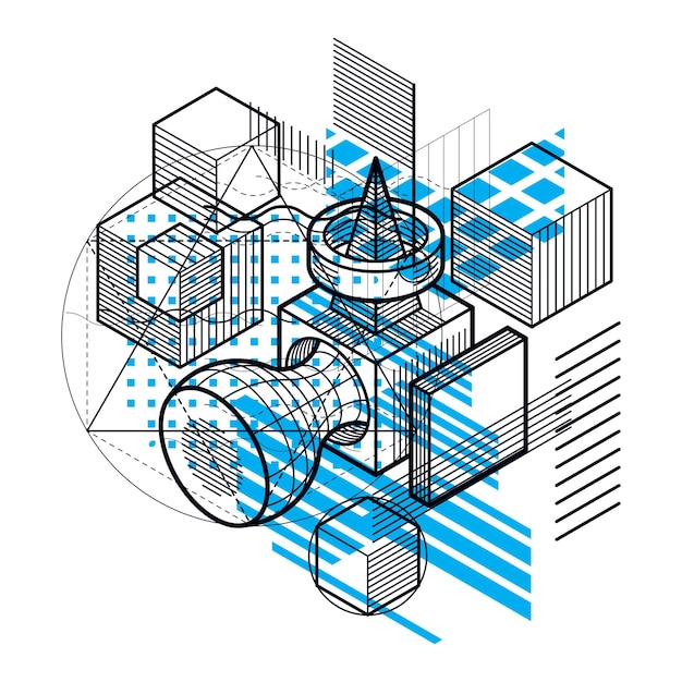 Abstracte 3d-vormensamenstelling, vector isometrische achtergrond. Samenstelling van kubussen, zeshoeken, vierkanten, rechthoeken en verschillende abstracte elementen.