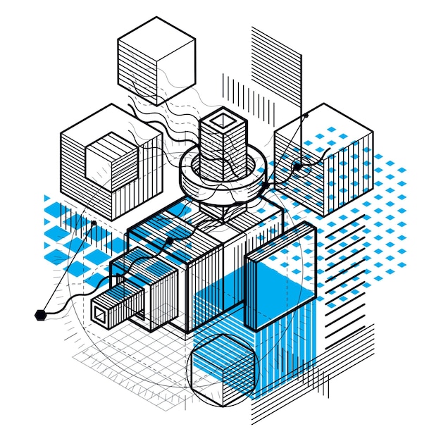 Abstracte 3d-vormensamenstelling, vector isometrische achtergrond. Samenstelling van kubussen, zeshoeken, vierkanten, rechthoeken en verschillende abstracte elementen.