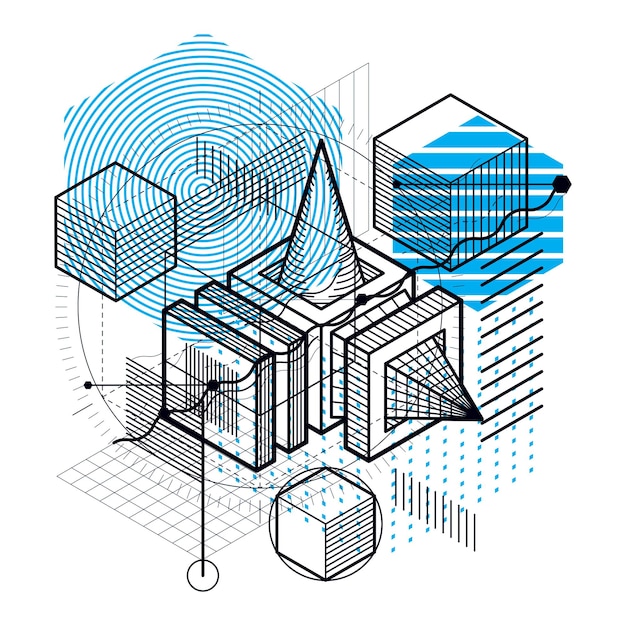 Vector abstracte 3d-vormensamenstelling, vector isometrische achtergrond. samenstelling van kubussen, zeshoeken, vierkanten, rechthoeken en verschillende abstracte elementen.