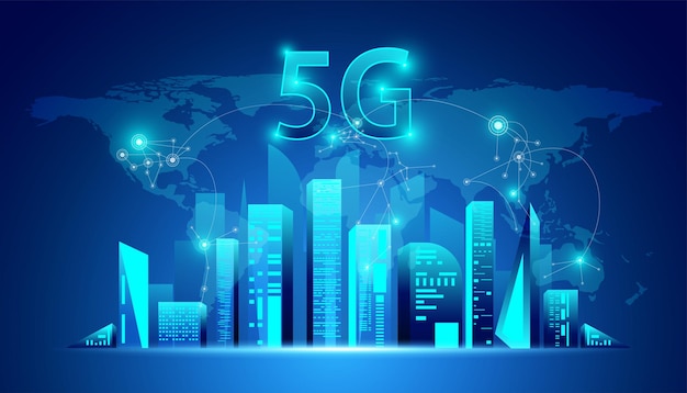 Abstracte 5G hologram netwerk draadloos internet Wi-Fi-verbinding en internet van dingen op de achtergrond van de stad Smart city en communicatienetwerk concept.