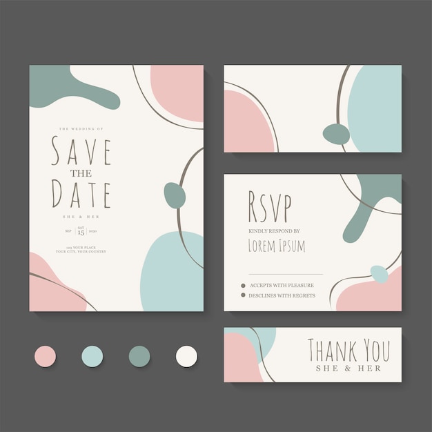 Abstracte achtergrond bruiloft uitnodiging kaartsjabloon set met florale decoratie voor sparen de datum begroeting poster en omslagontwerp