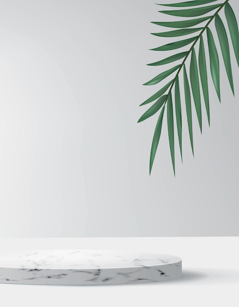 Abstracte achtergrond in minimalistische stijl met marmeren platform. Leeg realistisch podium voor cosmetische productvitrine met palmboom
