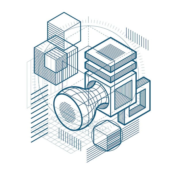 Abstracte achtergrond met isometrische lijnen, vectorillustratie. Sjabloon gemaakt met kubussen, zeshoeken, vierkanten, rechthoeken en verschillende abstracte elementen.