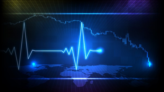 Abstracte achtergrond van blauwe futuristische technologie digitale ecg hartslag pulse lijn golf monitor en beurs kaars grafiek