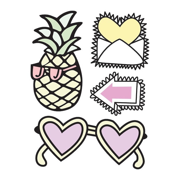 Abstracte ananas zonnebril en andere object elementen vector illustratie geïsoleerd op een witte achtergrond