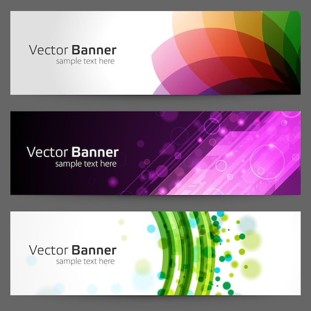 Vector abstracte banner met cirkels en gebogen ovale lijnen vector sjabloon groen bloemblaadje ontwerp mengen in rood met levendige gradiënt paarse bubbels op dynamische techno lijnen blauwe stippen van stof wervelende