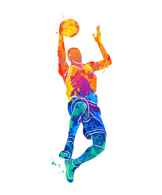 Abstracte basketbalspeler met bal van splash van aquarellen. illustratie van verven.