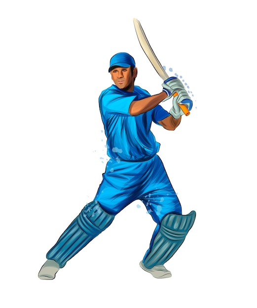 Abstracte batsman cricket spelen van splash van aquarellen gekleurde tekening realistisch