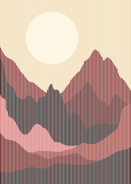 abstracte berg en grote zon met verticale lijnkunsttechniek