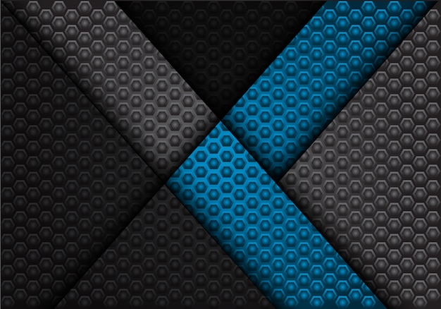 Abstracte blauwe pijl op donkergrijze hexagon patroonachtergrondtextuur.