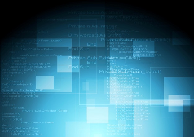 Abstracte blauwe tech achtergrond met code en vierkanten. vector ontwerp