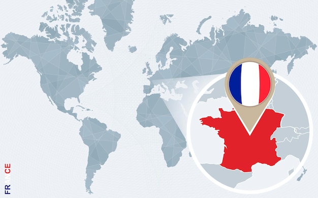 Abstracte blauwe wereldkaart met vergrote Frankrijk Frankrijk vlag en kaart vectorillustratie