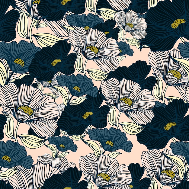 Abstracte bloem naadloze lijnpatroon Delicate bloemen vintage overzicht eindeloze achtergrond Retro stijl