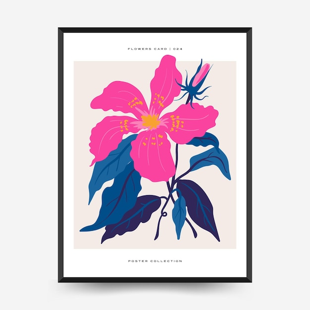 Vector abstracte bloemen posters sjabloon moderne trendy matisse minimalistische stijl roze en blauwe kleuren hand getekende ontwerp voor behang muur decor print briefkaart voorbladsjabloon banner