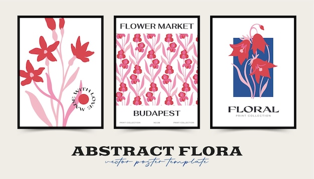 Abstracte bloemenposters sjablooncollectie moderne trendy matisse minimalistische stijl roze en blauwe kleuren