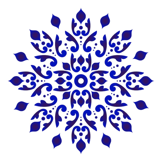 Abstracte bloemmandala, blauw en wit bloemenornament voor ontwerp