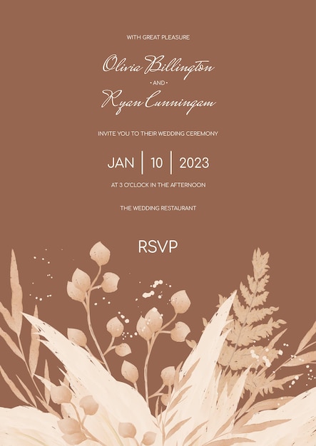 Abstracte boho bruiloft uitnodiging sjabloon op een bruine pampas achtergrond vector spandoek poster sjabloon