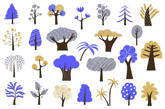 Abstracte bomen mega set in grafisch plat ontwerp Bundel elementen van minimalistische stijl bomen met blauw gebladerte en andere kleuren bosplanten met verschillende vormen Vector illustratie geïsoleerde stickers