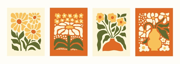 Abstracte botanische set posters met verschillende bloesem groovy bloemen. Naïef kunstdecor.