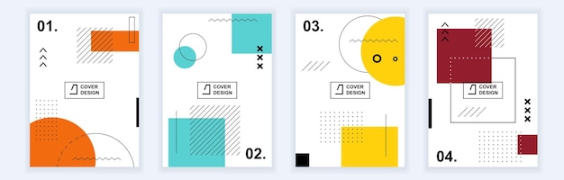 Abstracte brochureomslagen in modern minimaal geometrisch ontwerp Memphis-stijl achtergrondsjablonen met cirkels, vierkanten en elementensamenstelling in A4-formaat voor presentatie vectorillustratie