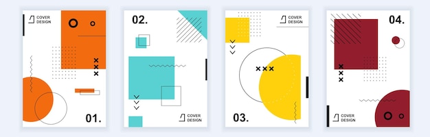 Abstracte brochureomslagen in modern minimaal geometrisch ontwerp Memphis-stijl achtergrondsjablonen met grafische elementen en patronen in A4-formaat voor zakelijke presentatie vectorillustratie