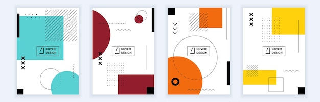 Abstracte brochureomslagen in modern minimaal geometrisch ontwerp Memphis-stijl achtergrondsjablonen met grafische elementen in A4-formaat voor rapportpresentatie of merkidentiteit Vector illustratie