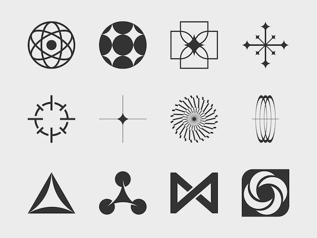 Abstracte collectie 9 grafische geometrische symbolen en objecten in y2k-stijl Sjablonen voor notities posters banners stickers visitekaartjes logo