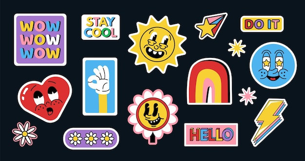 Abstracte coole doodle stickers retro stijl badge trendy zon en hart gezicht patch regenboog en bloem met positieve emoties moderne tekst zinnen grappig teken vector cartoon illustratie