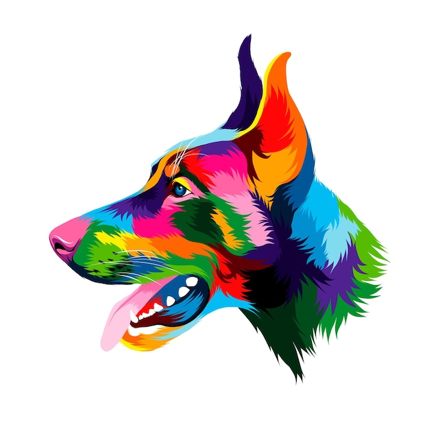 Vector abstracte doberman hoofd portret van veelkleurige verven gekleurde tekening vectorillustratie van pa