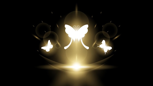 Abstracte donkere achtergrond met vlinders, insecten, gloed, licht, glans, flitsen, vectorontwerpstijl
