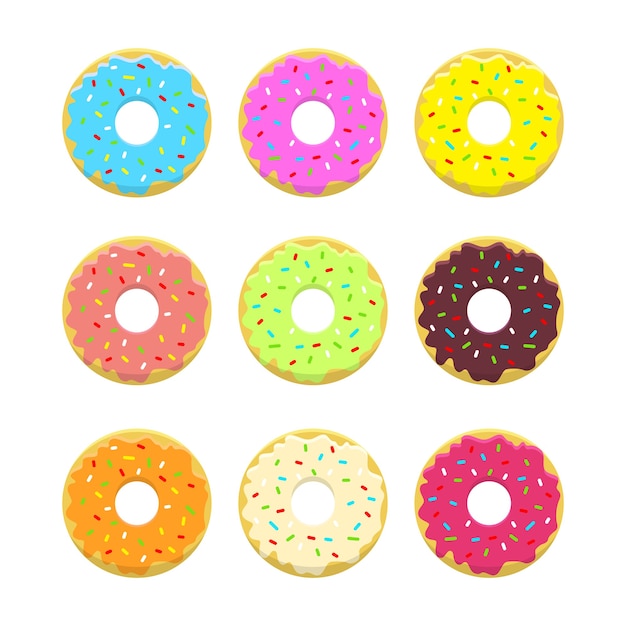 Abstracte Donuts-illustratie in stijl en heldere kleuren. Geglazuurde en gepoederde donuts. .